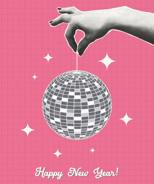 New Year collage design with halftone hand holding disco ball. Collage design for Happy New Year card, banner or poster with halftone hand and disco ball. Vector.