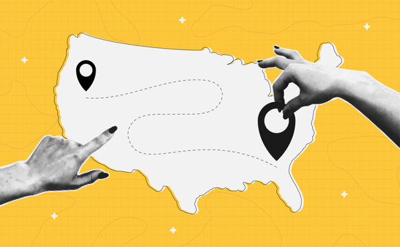 Collage banner with USA map and halftone hand holding location pointer. Map pin or navigation pointer with dotted route or way on US country map in collage style with halftone effect. Vector