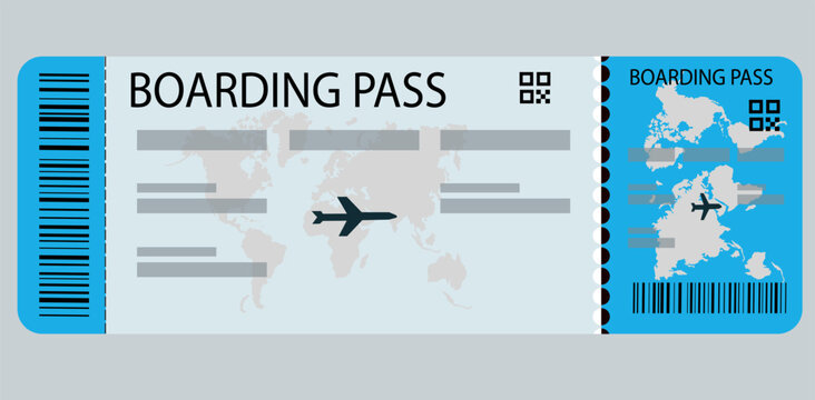 Blue vector boarding pass ticket template with world map background, barcode, and airplane icon for travel and flight design concepts