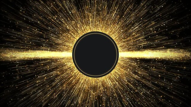 Abstract exploding golden particles emanating from a dark circular portal, dynamic motion blur, sense of energy and vastness