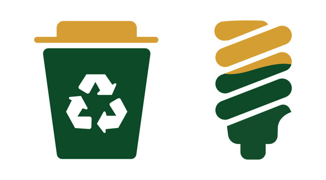Recycling bin and energy saving light bulb icons
