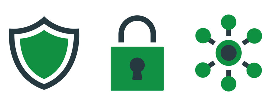 Set of three green and dark gray icons representing security, protection, and network connectivity