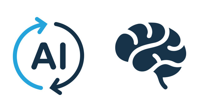 Artificial intelligence icon set with ai text in circular arrows and human brain symbol