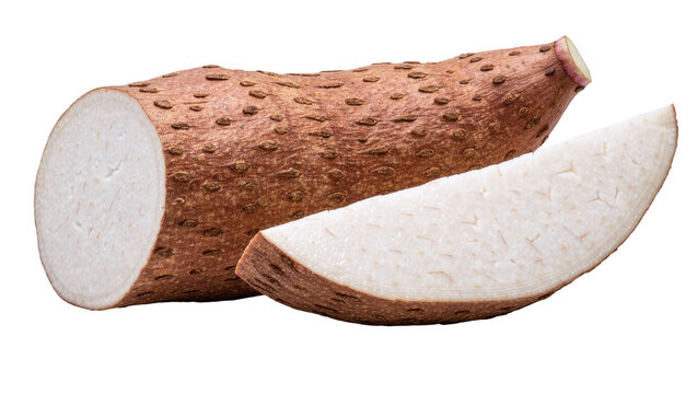 Whole raw yam tuber with a sliced wedge showing white starchy interior texture