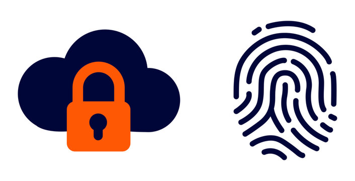 Cloud security icon with padlock and fingerprint biometric scanner icon for data protection and cyber security concepts