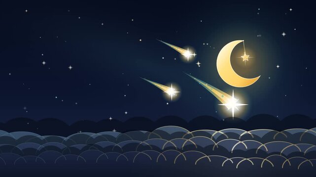 Shooting star animation over a crescent moon and dark night clouds