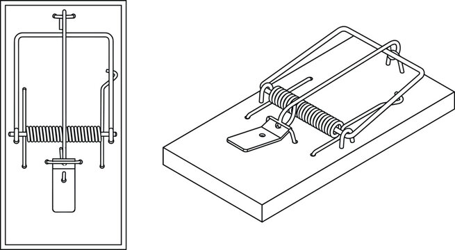 Classic wooden mousetrap vector illustration set featuring detailed technical top view and isometric line art perspective