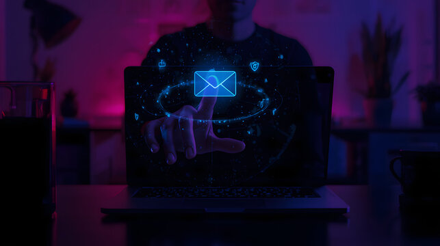 Digital Communication Touchpoint: A hand reaches out to touch a glowing digital envelope icon on a laptop screen, symbolizing the interface of modern communication and technology.