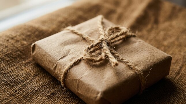 Small gift box wrapped in brown craft paper tied with rustic jute