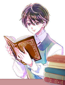読書をする貴族風の少年　黒髪　笑顔　机　大きい本