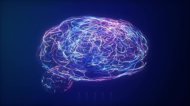 Abstract digital brain made of glowing neon particles and lines, representing artificial intelligence and neural networks, technology concept