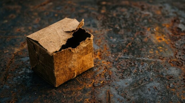 Damaged brown cardboard box sitting on a weathered and rusted dark