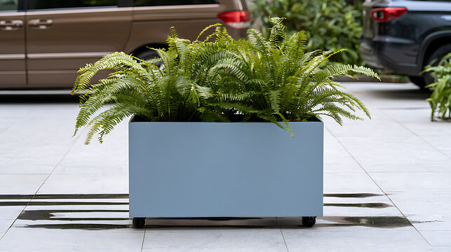 Modern light blue metal planter box with lush green sword fern Polypodiopsida on wheels outdoors near cars in parking area background