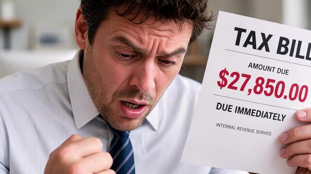 Taxpayer reacting with extreme shock and despair after reading high tax bill due immediately in home office. Handheld close-up shot.