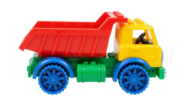 Colorful plastic toy dump truck built from interlocking building blocks