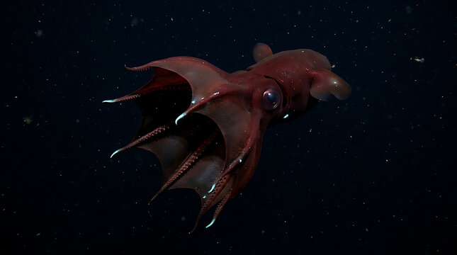 Vampire squid drifting in the dark ocean abyss