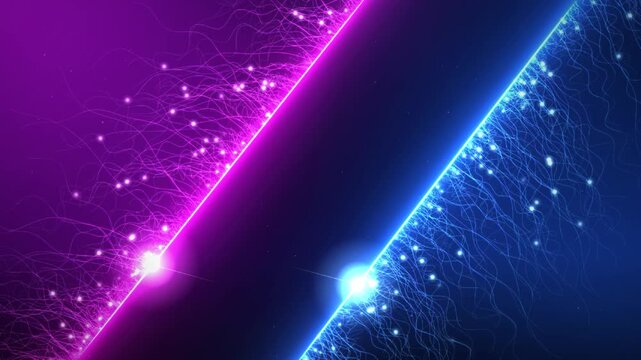 Abstract diagonal neon lines, glowing particles in purple and blue, cosmic dust, digital energy, science fiction background