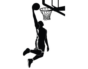 Basketball Slam Dunk Icon, Black Silhouette of Athletic Player Scoring Through Hoop, Powerful Sports Action Illustration for Basketball Tournament, Training, and Branding © MARUF 44