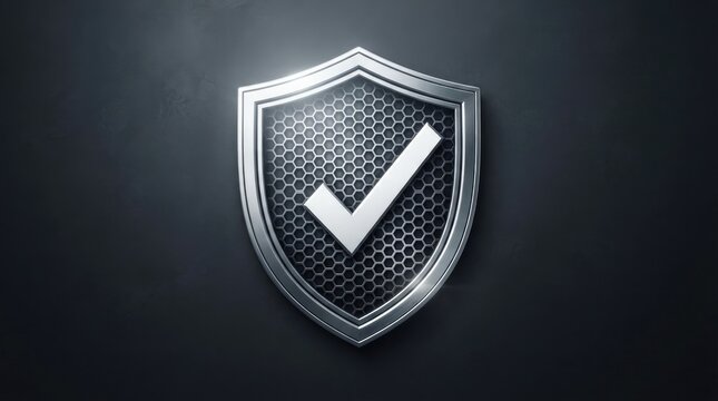 A silver shield with a hexagonal pattern and a large checkmark inside. The shield is positioned against a dark gray background, creating a sense of security and verification.