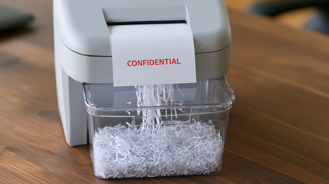 Document shredder machine destroying a confidential paper document on a wooden desk in a modern corporate office interior workspace setup