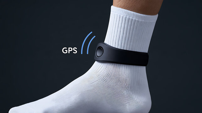 Person ankle wear black electronic monitor device with white sock on dark background for location track technology safety concept design