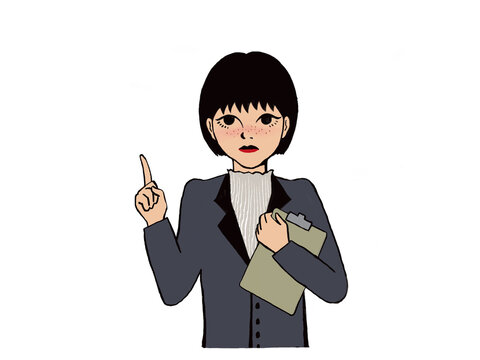 Deadpan businesswoman pointing finger up holding clipboard for explanation concept
