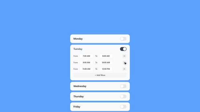 Streamlined digital interface for defining and managing weekly availability, complete with flexible time slot customization and intuitive daily activation controls
