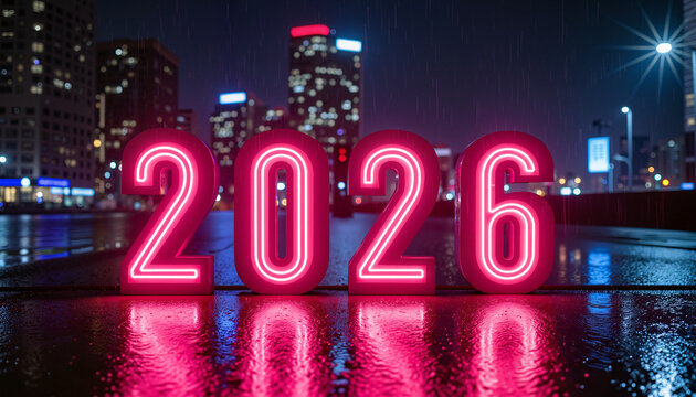 Vibrant neon 2026 numbers glowing in rainy urban night, new year celebration