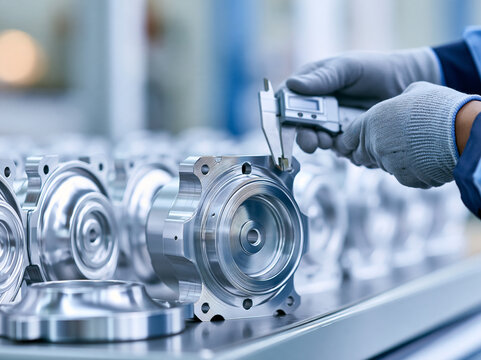 Gloved hands inspecting precision machined metal component with digital caliper in clean industrial workshop