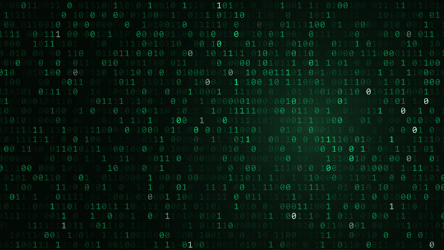 Futuristic Green Digital Rain Featuring Rows of Random Numbers and Binary Machine Language. High-Tech Background for Cybersecurity, Computing Systems and Software Development.