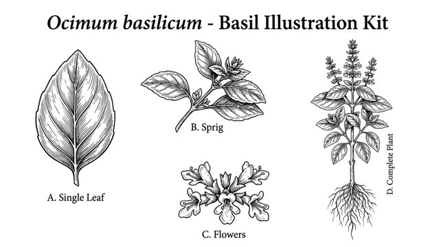 basil illustration kit showing single leaf sprig flowers complete plant roots design.