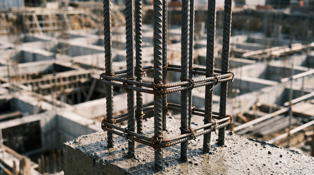 Reinforced concrete foundation with steel rebar cage rising from a pier, anchoring structural stability and supporting growth in commercial construction and infrastructure development