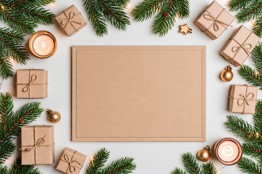 A flat lay view of a blank rectangular kraft paper frame surrounded by evergreen branches wrapped gifts golden ornaments and two lit candles on a crisp white surface for the holidays