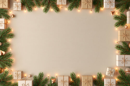 A festive top down view of a holiday border composed of lush pine branches glowing fairy lights and wrapped gift boxes framing an empty beige center for seasonal messages