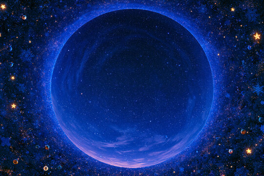 A surreal deep blue cosmic vista features a vast glowing circular portal framing a starry night sky surrounded by shimmering golden stars floating ornaments and delicate snowflakes
