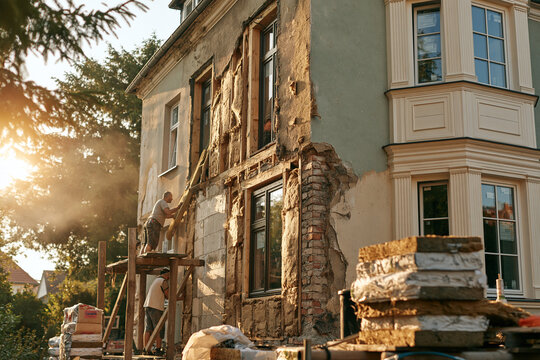 Two construction workers are renovating the exterior facade of a classic building at sunset installing thermal insulation panels on the brick wall while standing on wooden scaffolding