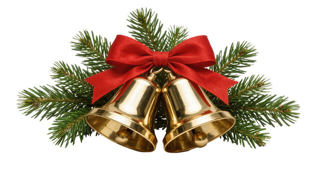 Shiny golden Christmas bells with a red silk ribbon and green pine tree branches