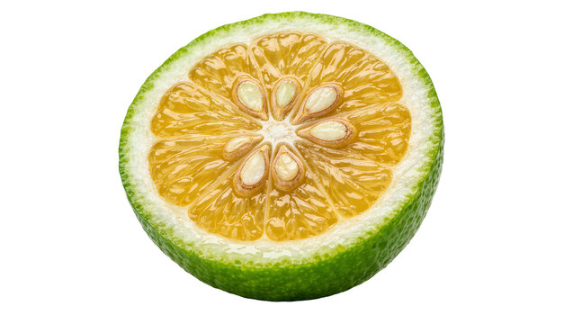 Fresh sliced green lime with yellow pulp and white seeds