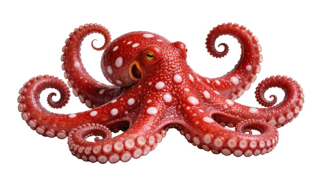 Vibrant red octopus with white spots and curled tentacles