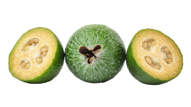 Whole and sliced fresh green feijoa fruit with textured skin and juicy pulp
