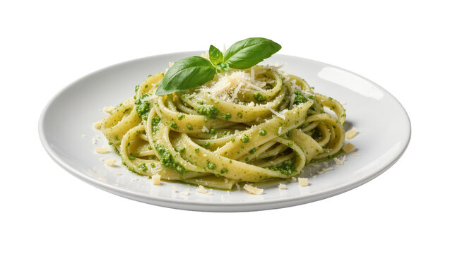 Linguine pasta with green pesto sauce topped with parmesan cheese and basil leaf