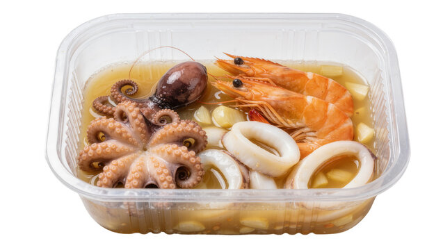 Small octopus with shrimp and squid rings in garlic oil in a plastic container