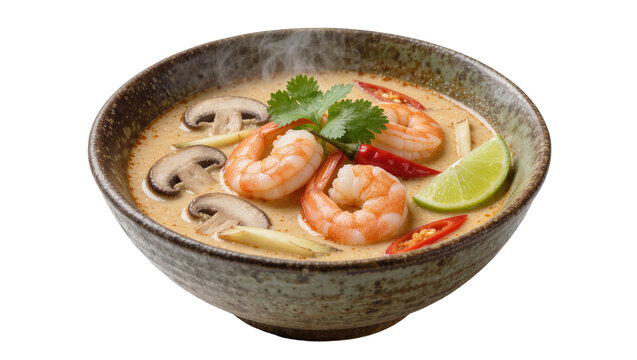 Steaming Tom Yum soup with shrimp mushrooms lime, chili and cilantro in a bowl