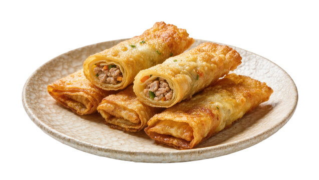 Crispy golden fried egg rolls stuffed with minced meat and vegetables on a plate