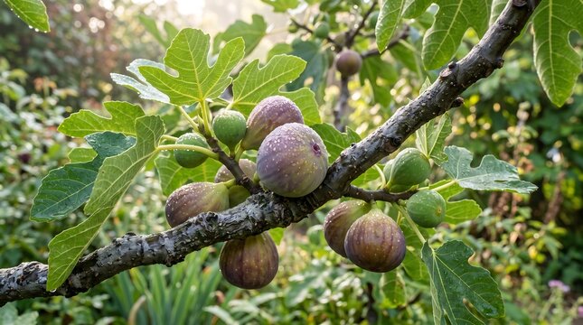 Ripe figs hanging on a branch amidst lush green foliage in bright sunlight