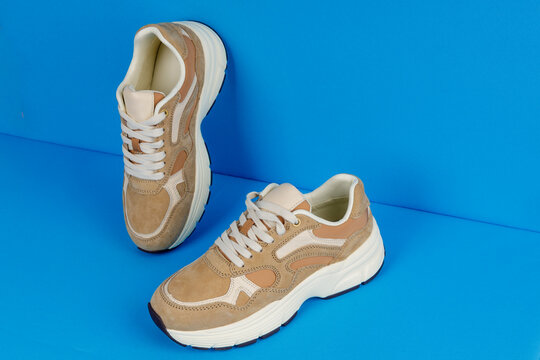 Pair of casual shoes on blue background. Women's sports shoes.