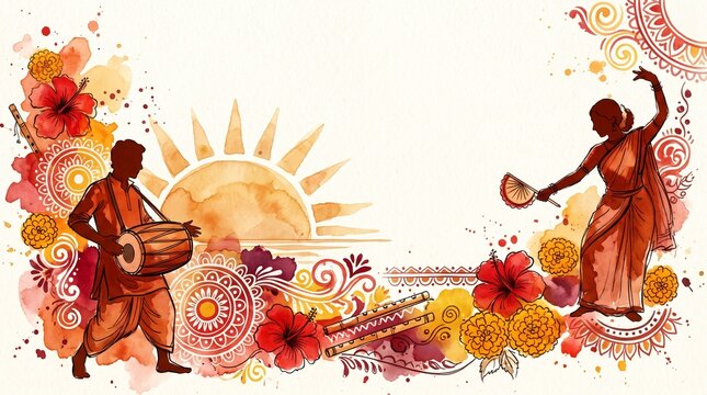 Bengali New Year Pohela Boishakh Watercolor Illustration with Folk Dancers, Musical Instruments and Floral Motifs