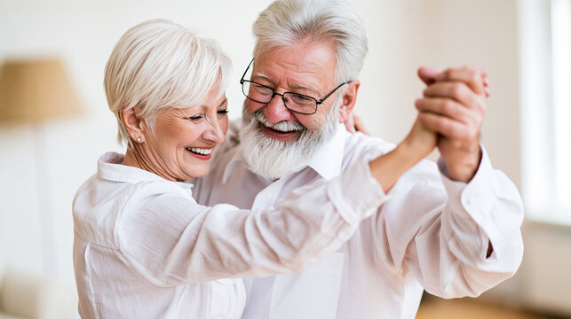 Senior couple slow dancing, joyful smile, elegant white clothing, close embrace at home