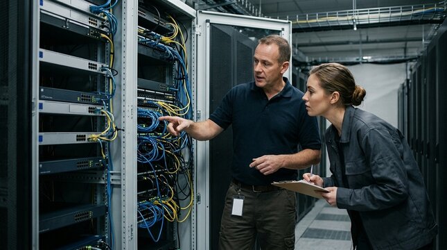Technician training a new colleague in front of an open server rack, IT team onboarding and skills training