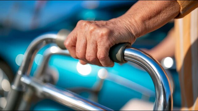 Close-up of an older person hand gripping the padded handle of a metal walking frame for mobility support